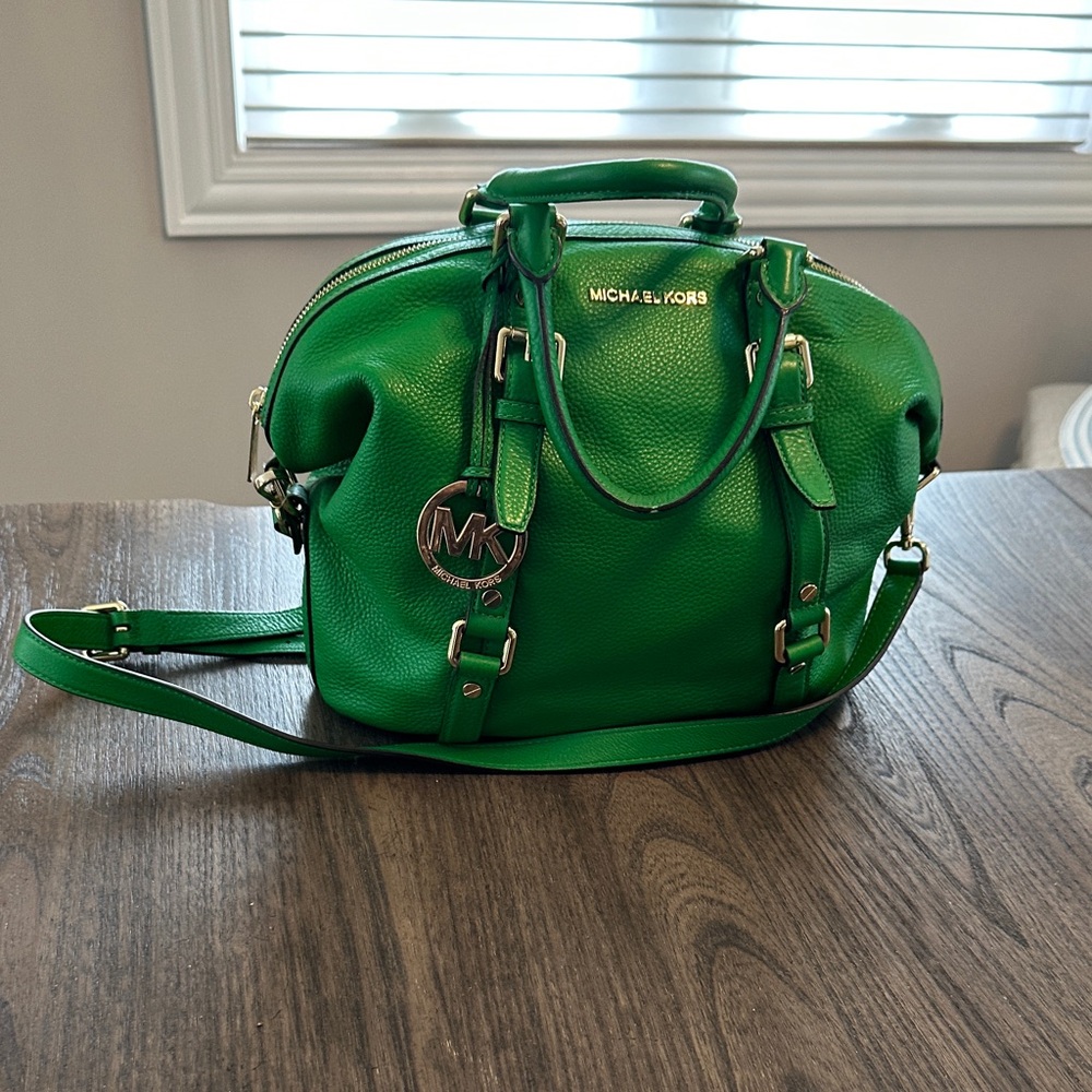 Michael Kors Bright Green Leather Satchel with MK Logo Charm